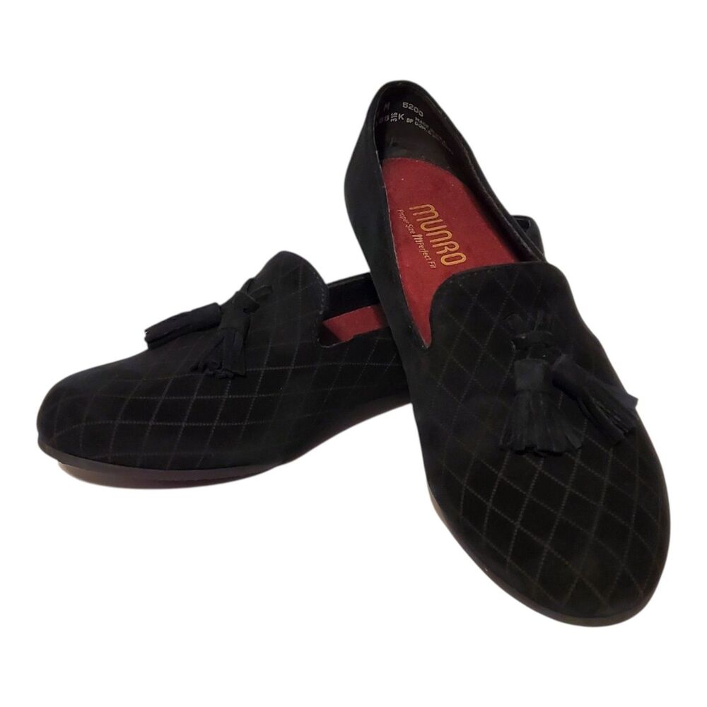 Munro Tallie Tassel Black Suede Loafers Women's Size 7.5 Diamond Quilted Pattern